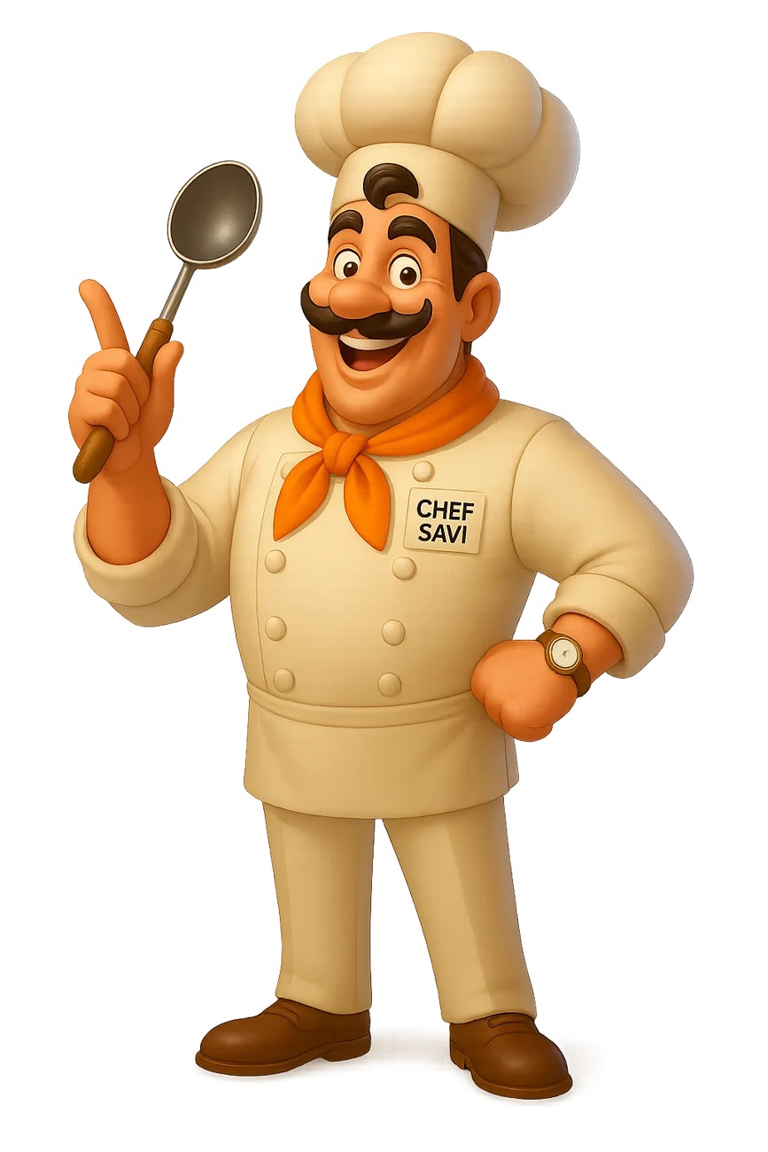 Chef Savi, a cartoon chef holding a spoon