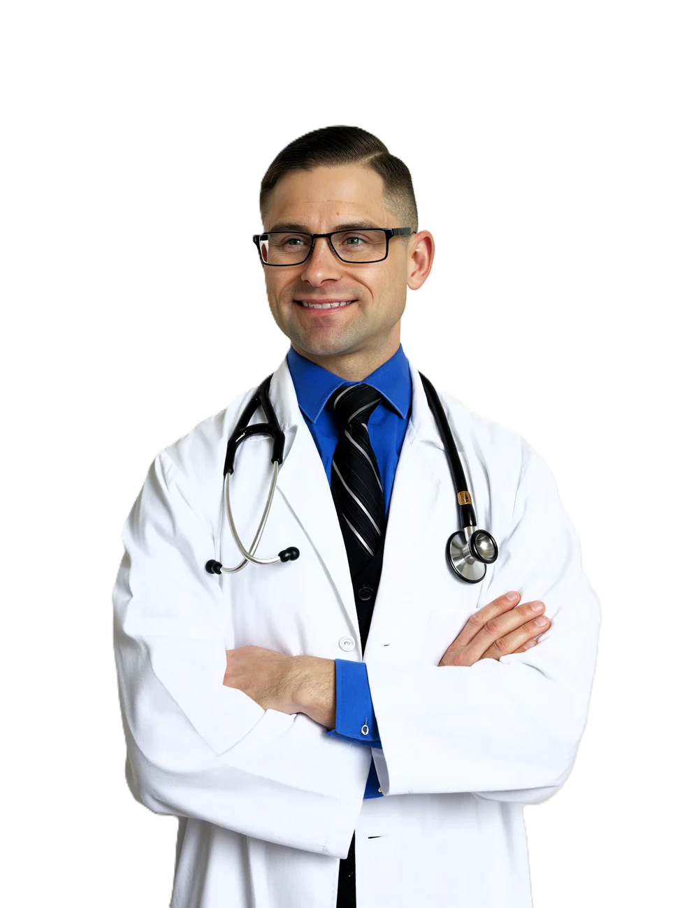 Dr. Ted in his white coat, arms crossed, smiling