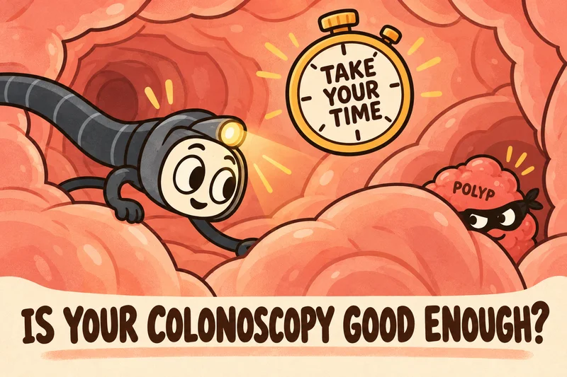 Cartoon colonoscope searching the colon folds for a hidden polyp: can a colonoscopy miss cancer?
