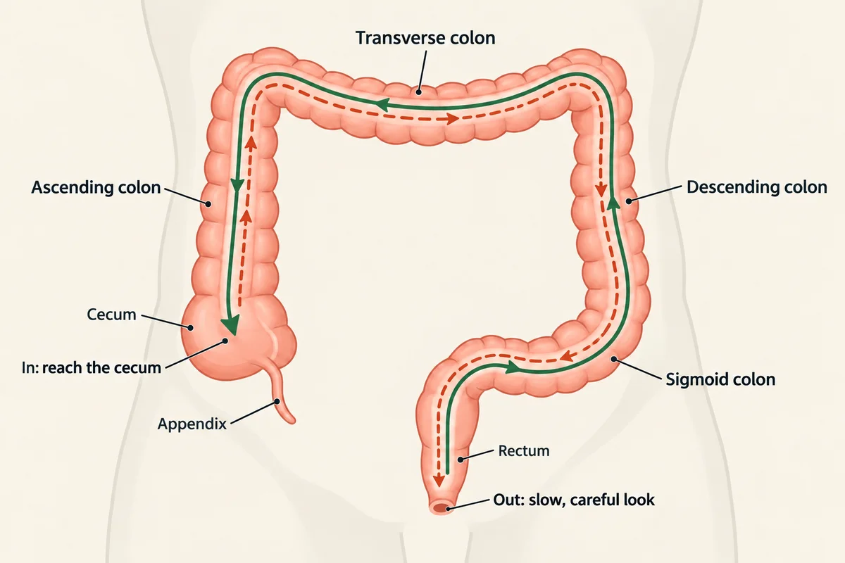 Diagram of the large intestine showing the colonoscope going in from the rectum to the cecum, then coming slowly back out