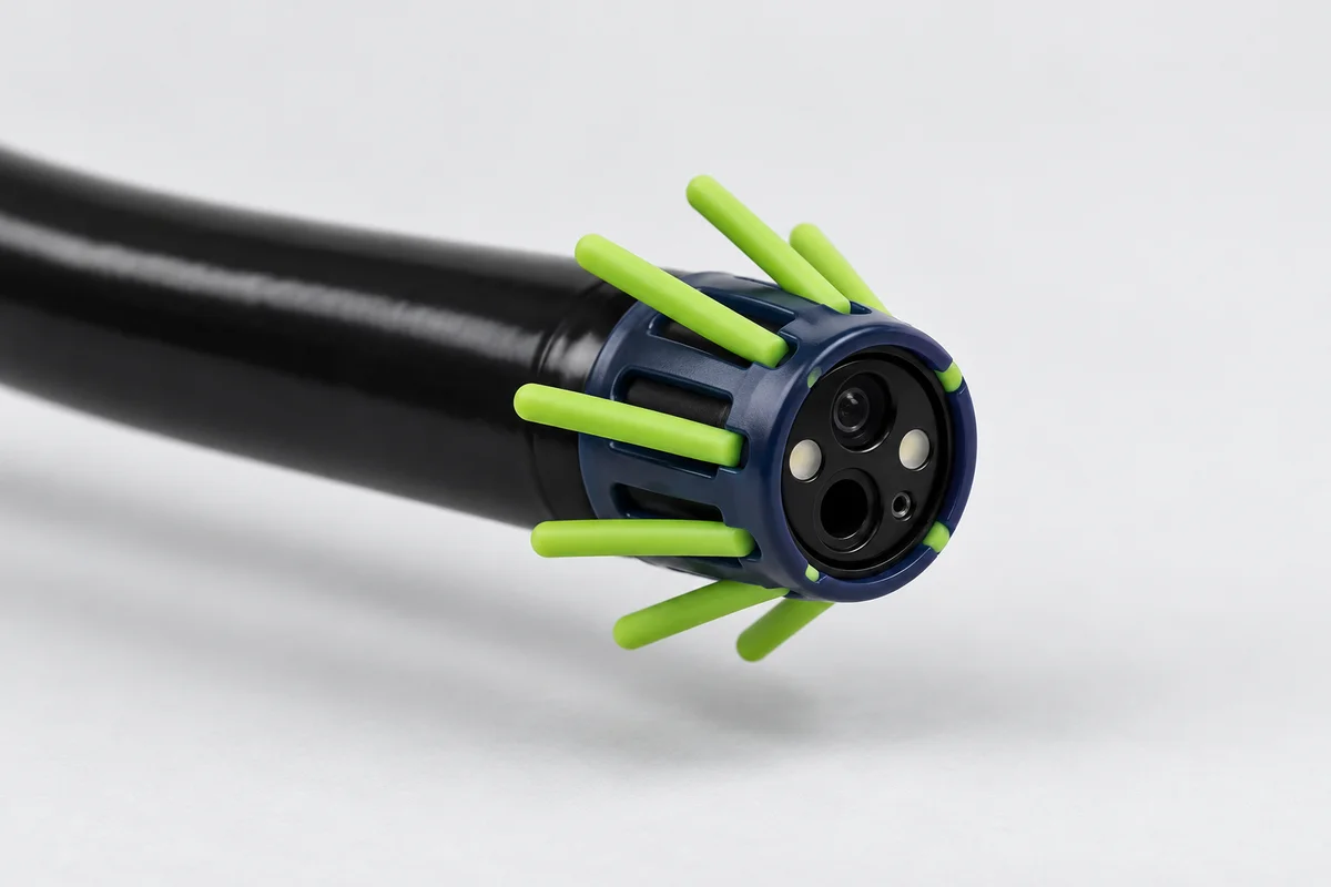 Colonoscope tip fitted with a cap that has a ring of soft green arms