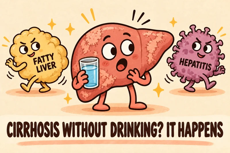 Cartoon liver holding a glass of water, flanked by fatty liver and hepatitis: can you get cirrhosis without drinking?