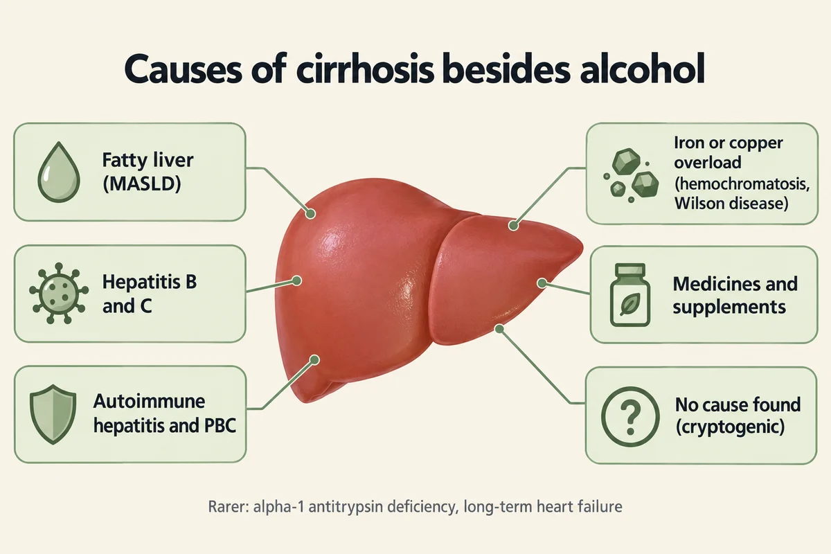 A liver in the middle of six labelled tiles: fatty liver (MASLD), hepatitis B and C, autoimmune hepatitis and PBC, iron or copper overload, medicines and supplements, and no cause found