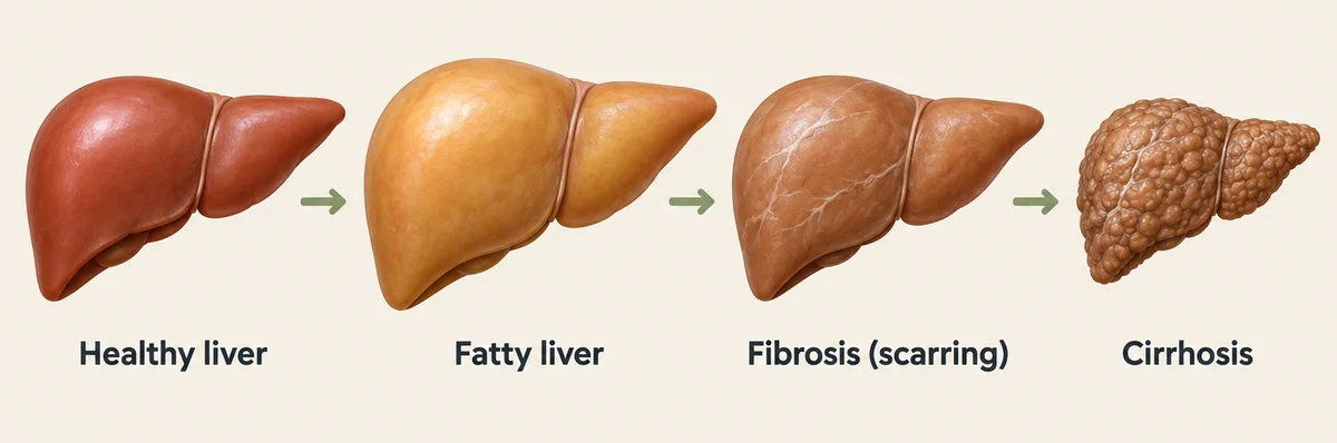Four livers in a row: a smooth reddish-brown healthy liver, a larger yellowish fatty liver, a liver streaked with pale scar lines, and a small, lumpy cirrhotic liver