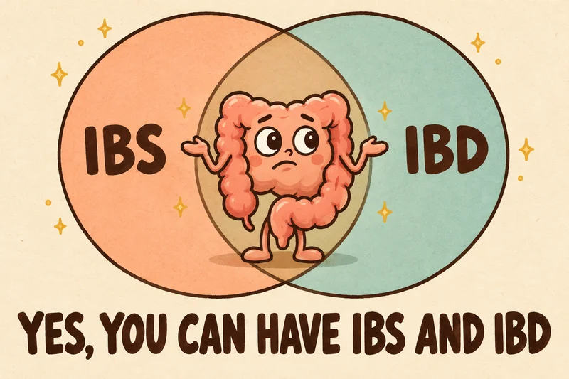 Cartoon gut standing where the IBS and IBD circles overlap: can you have IBS and IBD at the same time?