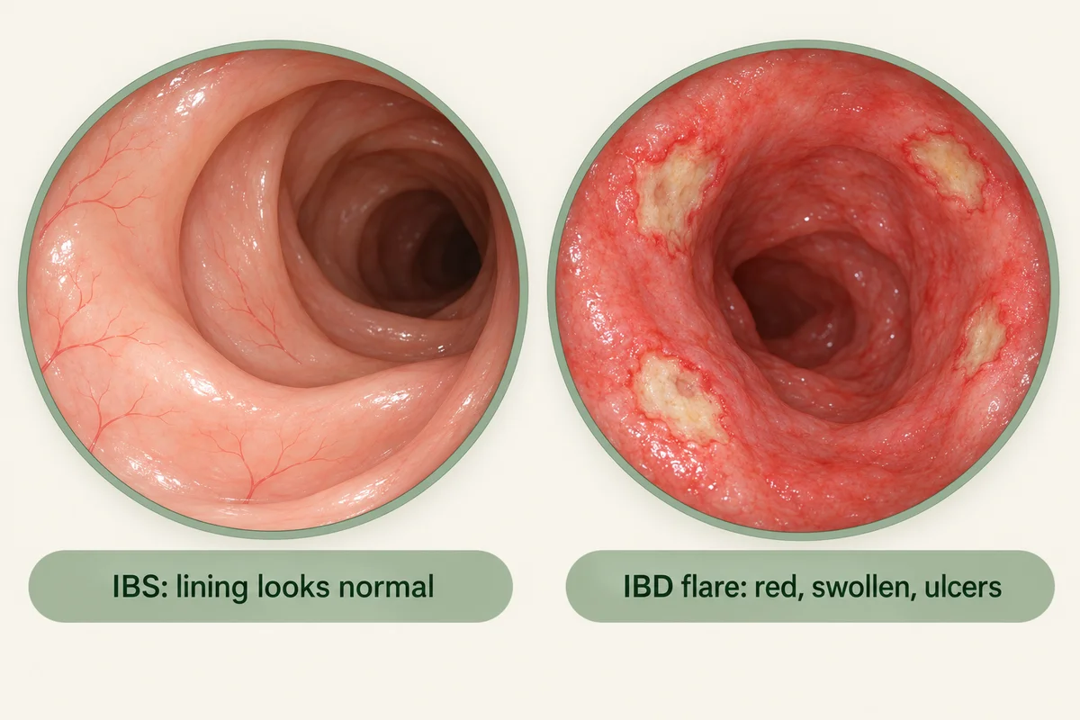 Two round scope views side by side: on the left a smooth pink colon lining with fine branching blood vessels, labelled "IBS: lining looks normal"; on the right a red, swollen lining with a few shallow sores, labelled "IBD flare: red, swollen, ulcers"