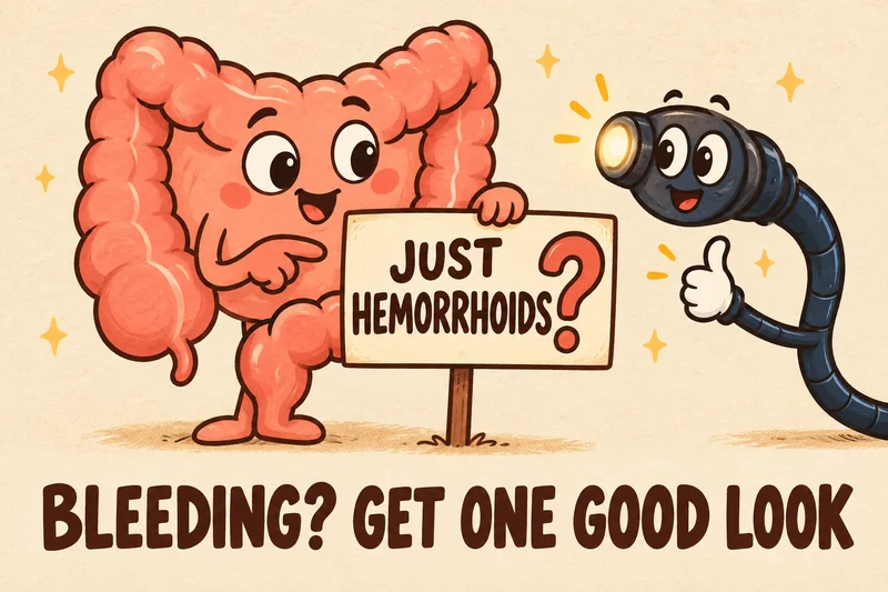 Cartoon colon pointing at a \"just hemorrhoids?\" sign as a scope arrives: do I need a colonoscopy for rectal bleeding?