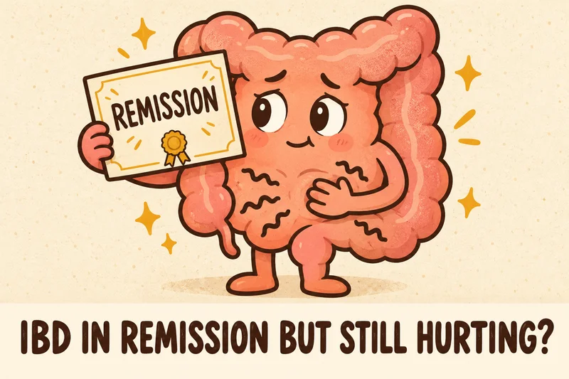 Cartoon gut holding a remission certificate but still clutching its belly: IBD in remission but still have symptoms
