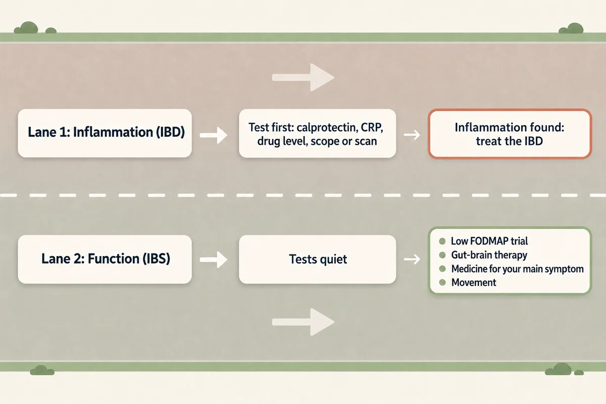 A two-lane road: the upper lane, inflammation (IBD), goes from testing to treating the IBD; the lower lane, function (IBS), goes from quiet tests to a low FODMAP trial, gut-brain therapy, medicine and movement