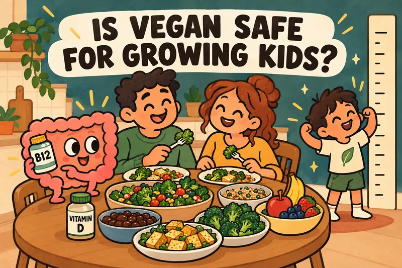 Cartoon vegan family dinner with a child at a height chart and a gut holding B12: is a vegan diet safe for kids?
