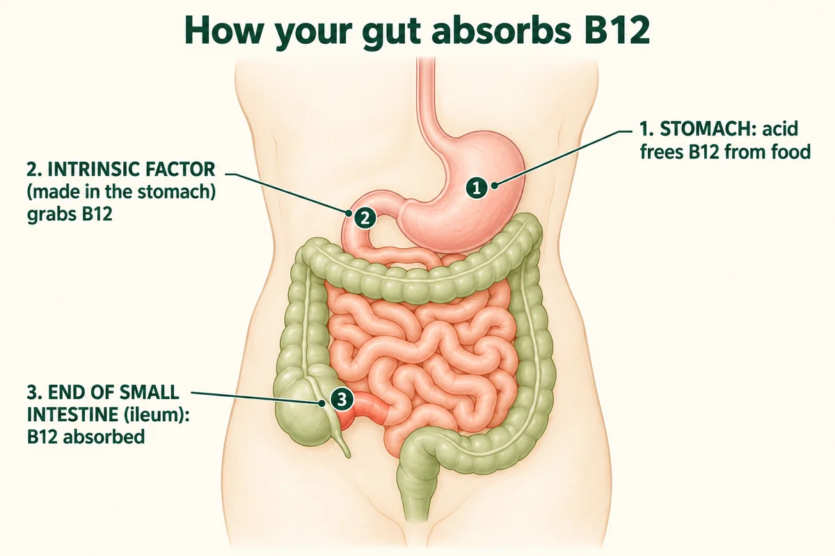 How the gut absorbs vitamin B12, from stomach to ileum