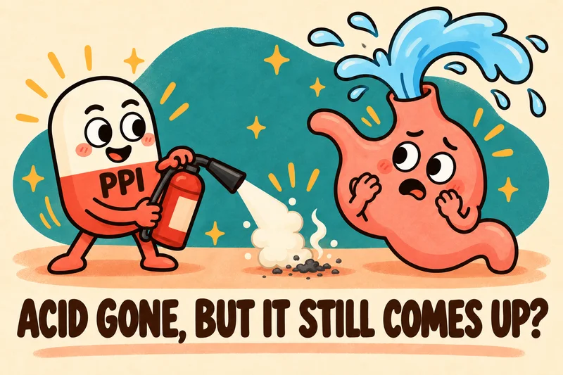 Cartoon PPI pill putting out a flame while liquid still splashes out of the stomach: omeprazole not working for reflux