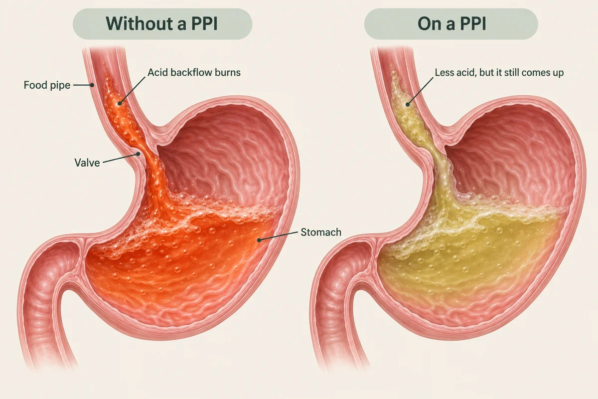 Two cut-away views of the stomach and food pipe with the valve open: on the left, orange-red acid washes up the food pipe; on the right, on a PPI, the same amount of paler, less acidic liquid still washes up