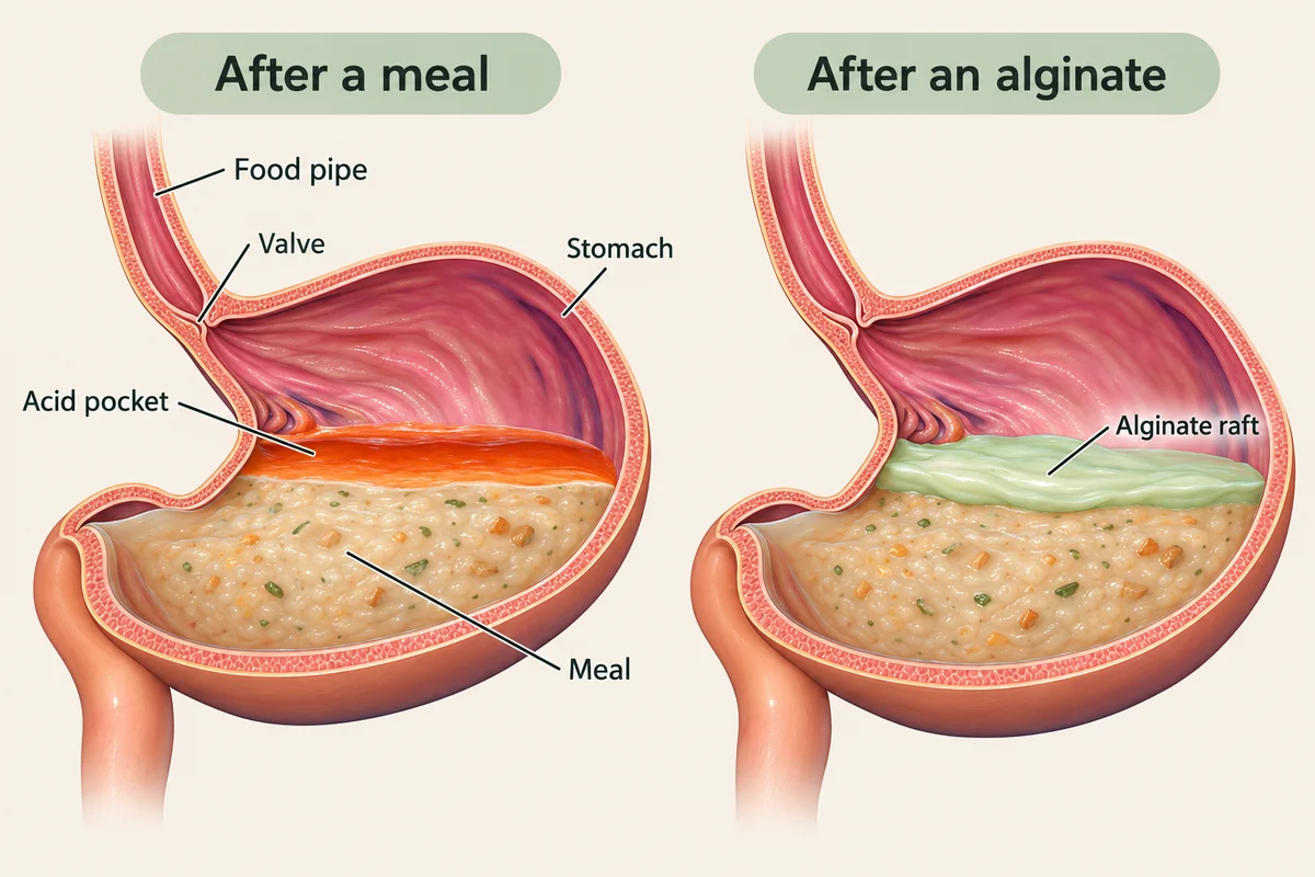 Two cut-away views of a stomach after a meal: on the left, a thin orange-red acid pocket sits on top of the meal; on the right, after an alginate, a pale green gel raft floats on top of the meal in its place