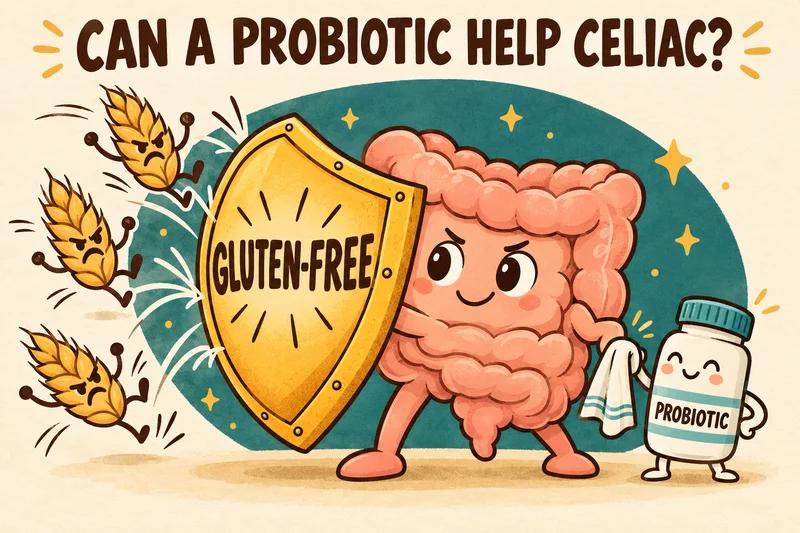 Cartoon gut holding a gluten-free shield while a small probiotic bottle waves from the sidelines: do probiotics help celiac disease?